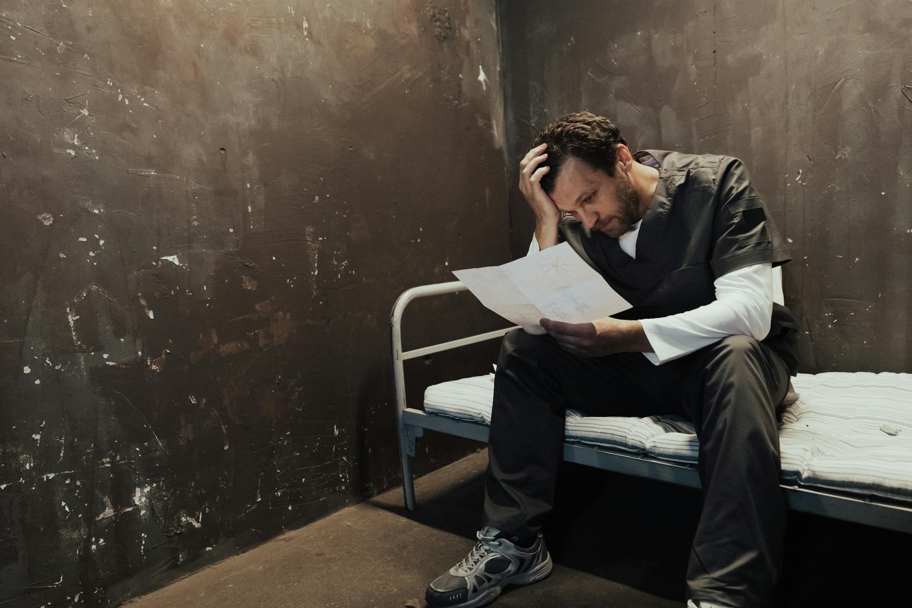 man holding his head while reading a letter